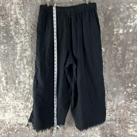 Sigrid Olsen Sz L Distressed Ankle Linen Wide Leg Pants Black Elastic Waist - Picture 2 of 9